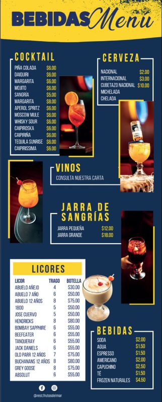 Menú Impreso de Bebidas · Frutos del Mar